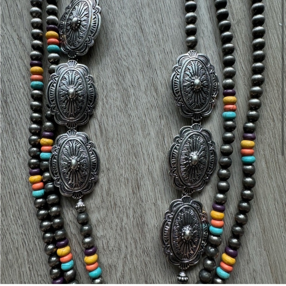 Southwestern Navajo Style Multi Strand Beaded Concho Necklace | Boho Western Sta - Picture 3 of 5
